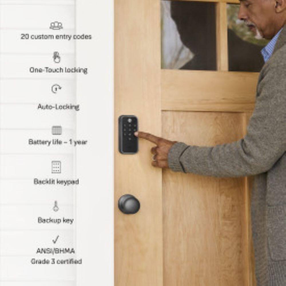 The text on the image reads:

20 custom entry codes
One-Touch locking
Auto-Locking
Battery life - 1 year
Backlit keypad
Backup key
ANSI/BHMA Grade 3 certified

These are the features of the smart lock being used by the man in the image.