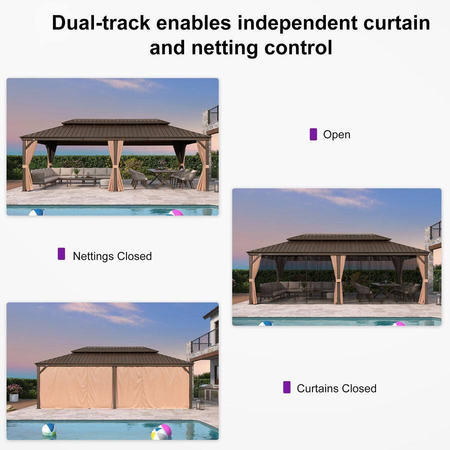 Dual-track enables independent curtain and netting control

- Open
- Nettings Closed
- Curtains Closed