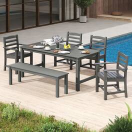 Gymax - 6 PCS Patio Dining Bench Set Outdoor HDPE Weather Resistant Table & Chairs Set - Gray