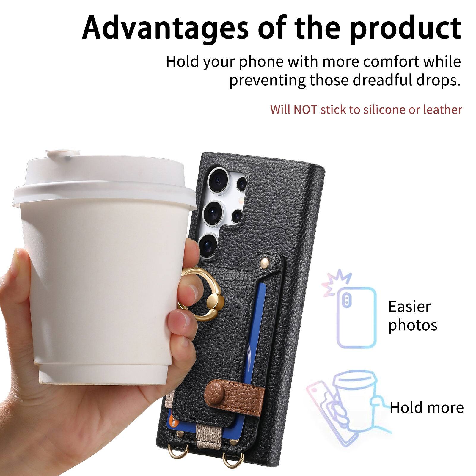 Advantages of the product

- Hold your phone with more comfort while preventing those dreadful drops.
- Will NOT stick to silicone or leather
- Easier photos
- Hold more
