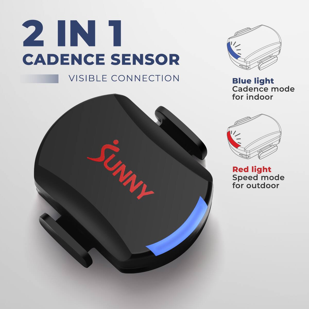 2 IN 1 CADENCE SENSOR  
VISIBLE CONNECTION  

Blue light  
Cadence mode for indoor  

Red light  
Speed mode for outdoor