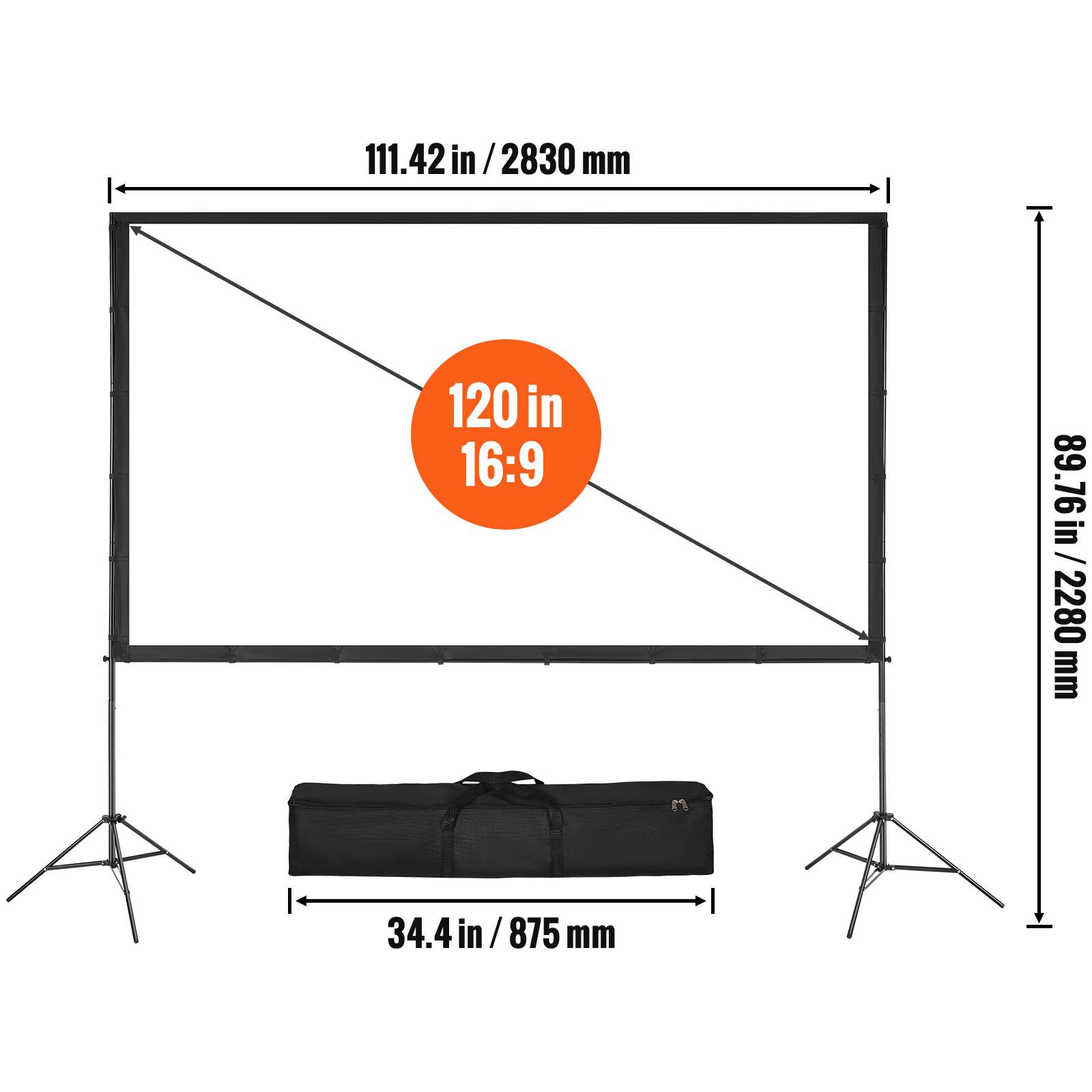 111.42 in/2830 mm, 120 in 16:9, 89.76in/2280 mm, 34.4 in / 875 mm
