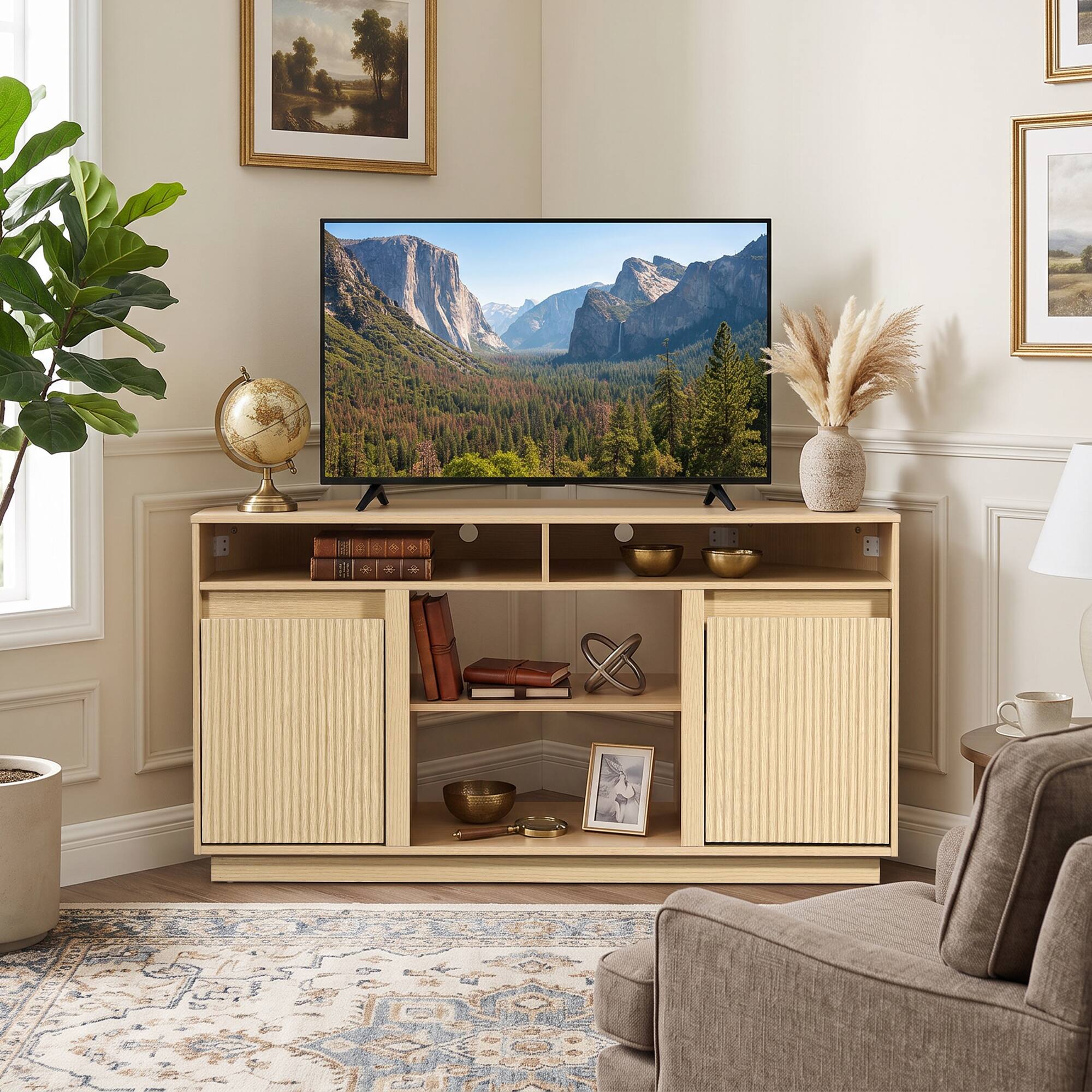 Angle. Ihomeadore - 47" Mid-Century Modern Fluted Corner TV Stand Media Console with Storage Shelves and Cable Management for TVs up to 55" - Beige.