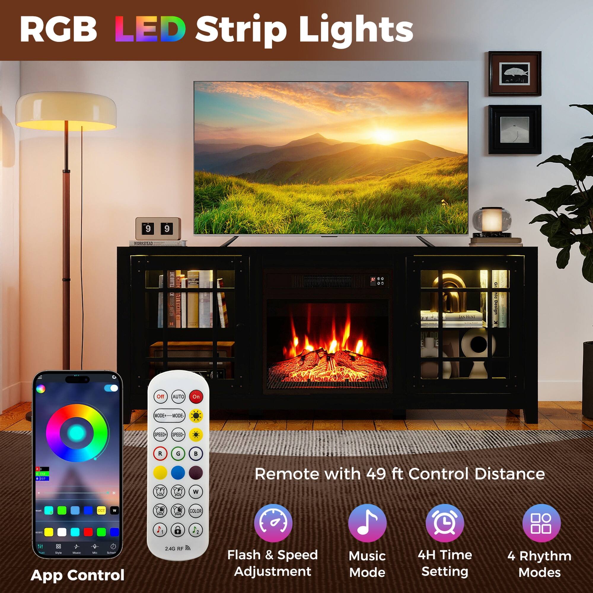 RGB LED Strip Lights

WORKSTEAD

Remote with 49 ft Control Distance

App Control

Flash & Speed Adjustment

Music Mode

4H Time Setting

4 Rhythm Modes