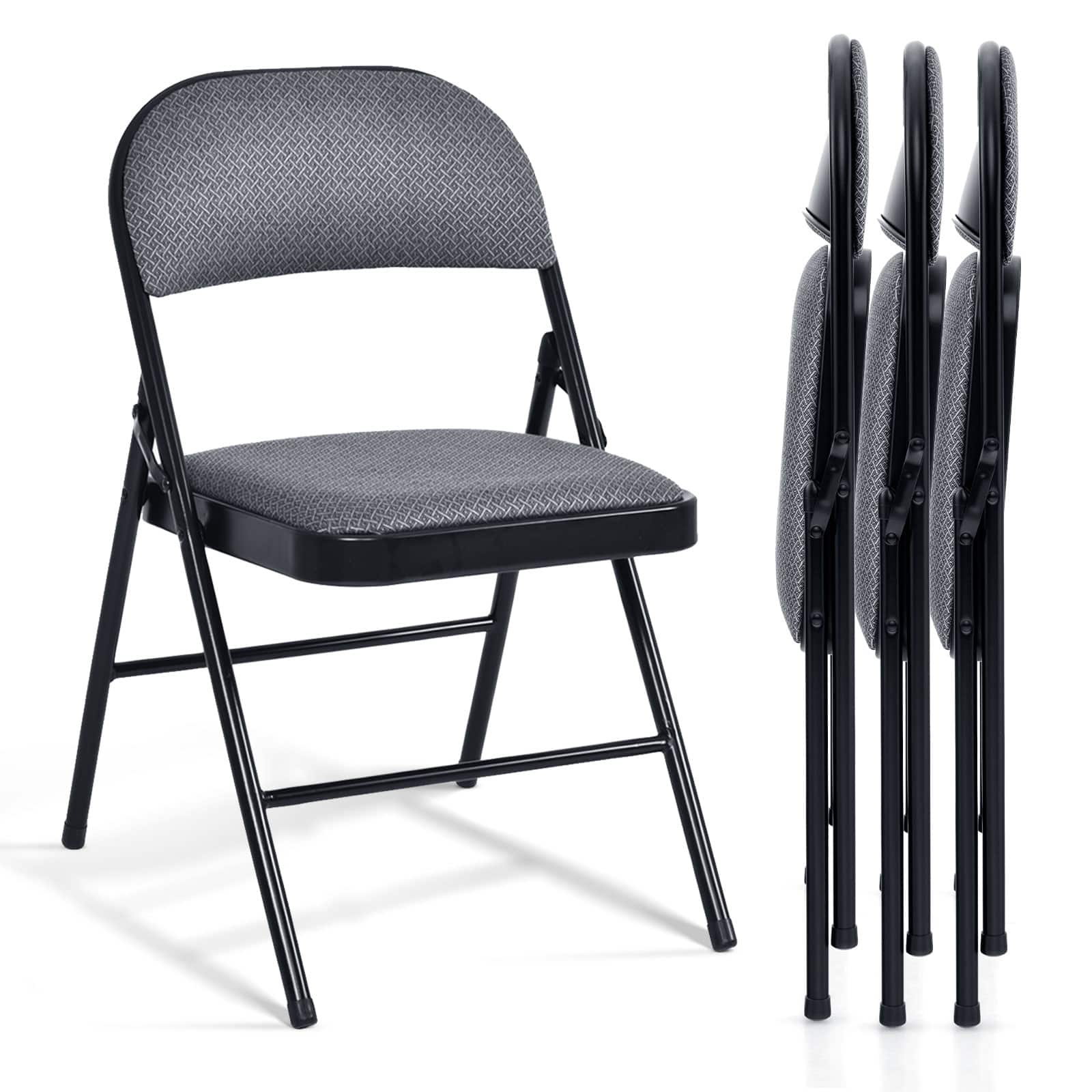Front. Costway - Set of 4 Folding Chairs Fabric Upholstered Padded Seat Metal Frame Home Office - Black + Grey.