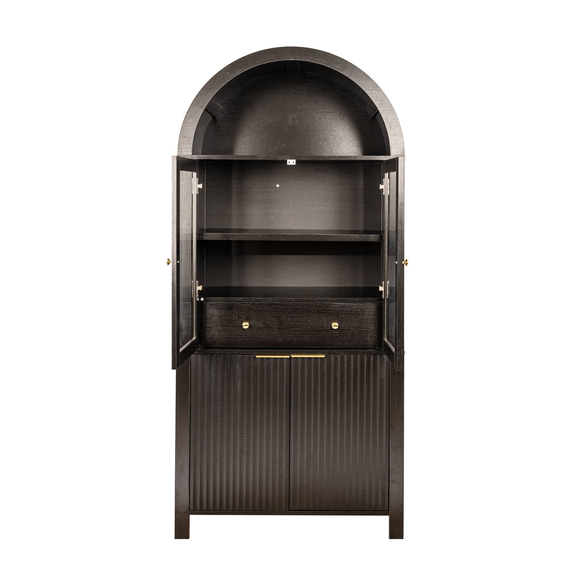 Alt View 10. Loheer - Loheer Arched Pantry Cabinet, Tall Fluted Black Pantry Cabinet with Glass Doors, Drawer, Adjustable Shelves, 71in - Black.