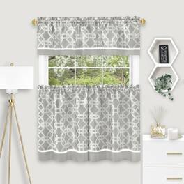 Kate Aurora - Geometric Crescent 3 Piece Rod Pocket Cafe Kitchen Curtain Tier & Valance Set - 24 in. Long - Gray