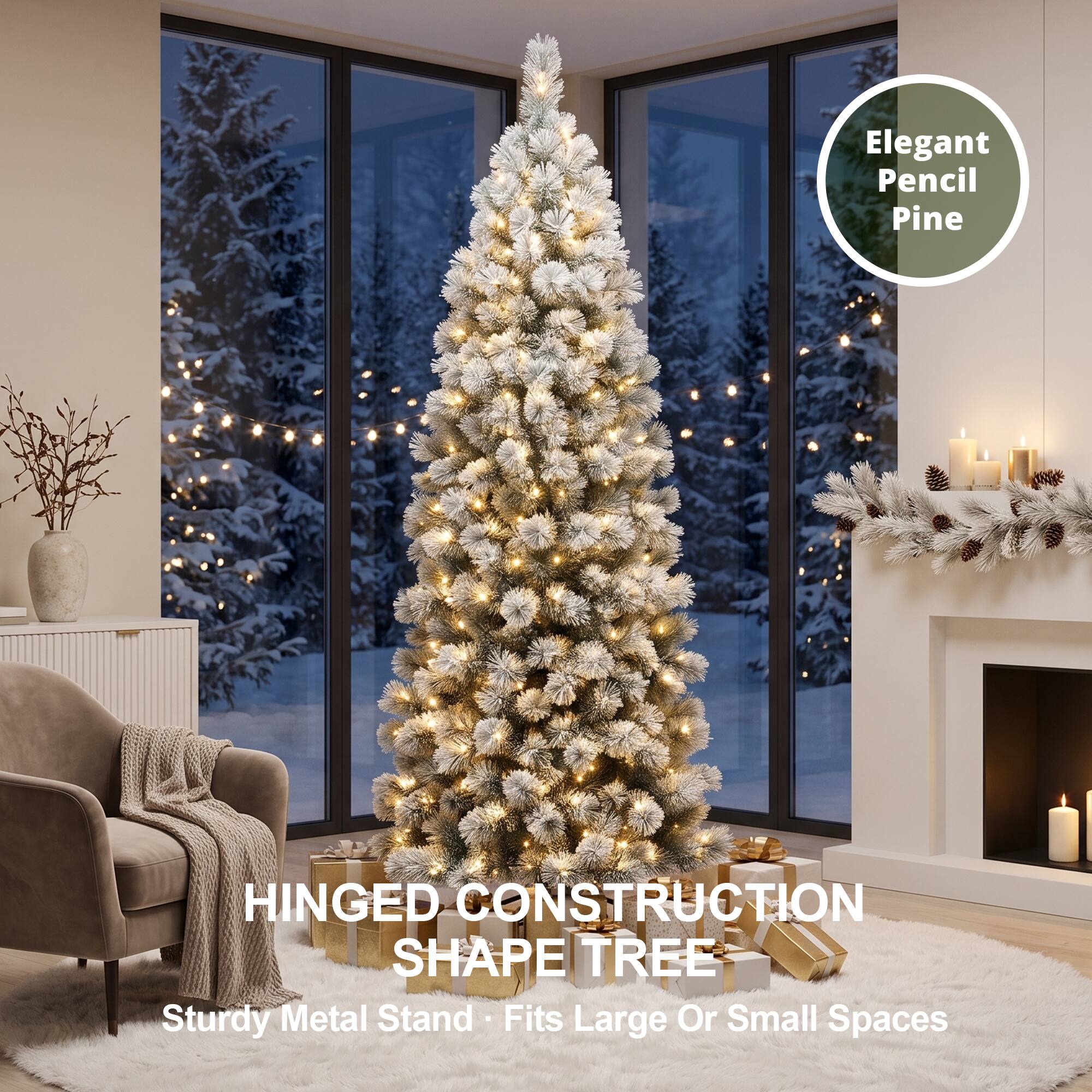 Elegant Pencil Pine

HINGED CONSTRUCTION SHAPE TREE
Sturdy Metal Stand - Fits Large Or Small Spaces