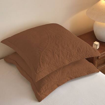 Front. MarCielo - 100% Cotton Embroidered Quilted Pillow Shams Set of 2, 26"x26" Euro Size - Orange.