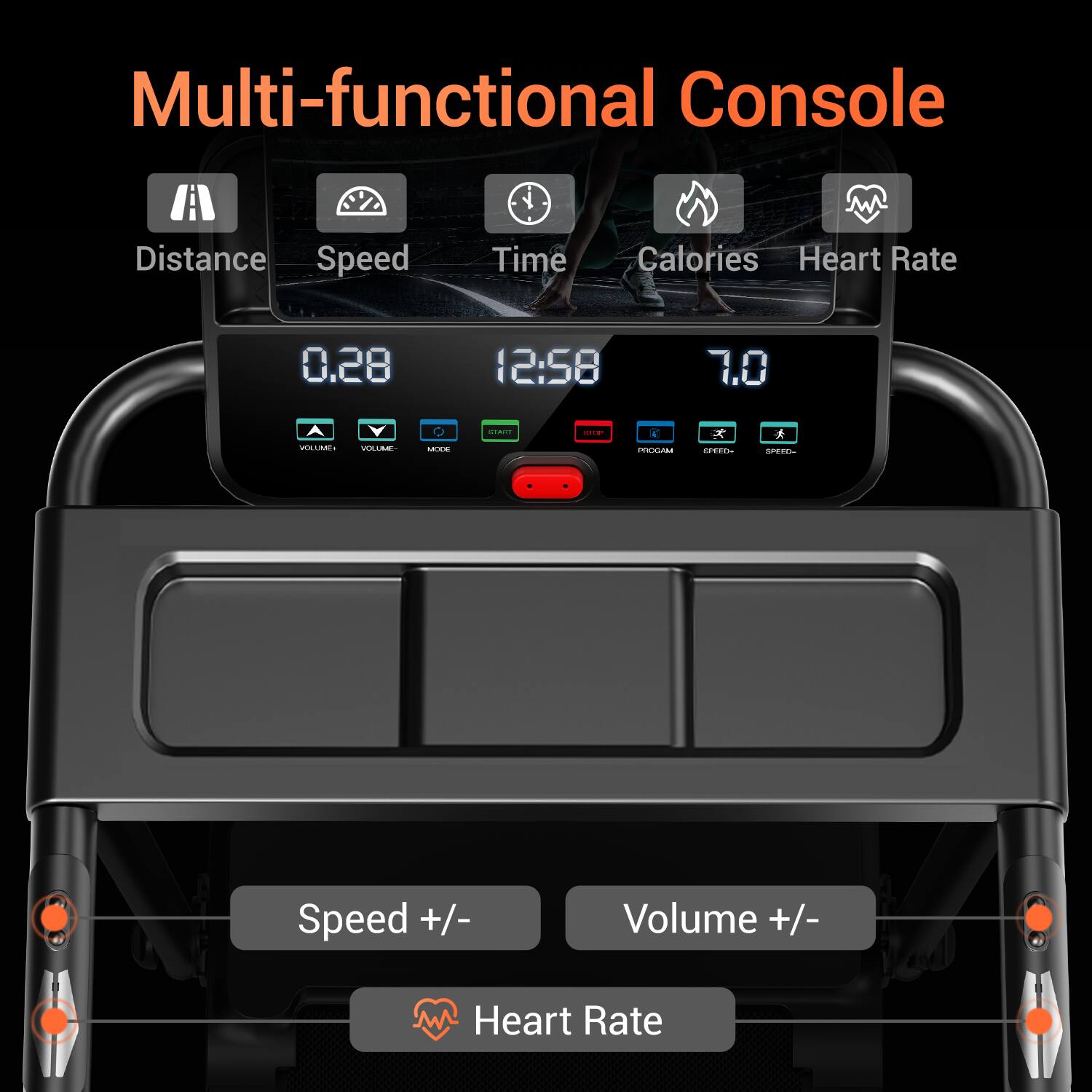 Multi-functional Console

Distance 0.28  
Speed 12:58  
Time 7.0  
Calories  
Heart Rate

Speed +/-  
Volume +/-  
Heart Rate