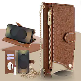 Dteck - Crossbody Wallet Case for Motorola G Stylus 5G (2025), Elegant Zipper PU Leather Folio Stand Cover, Built-in Mini Mirror - Brown
