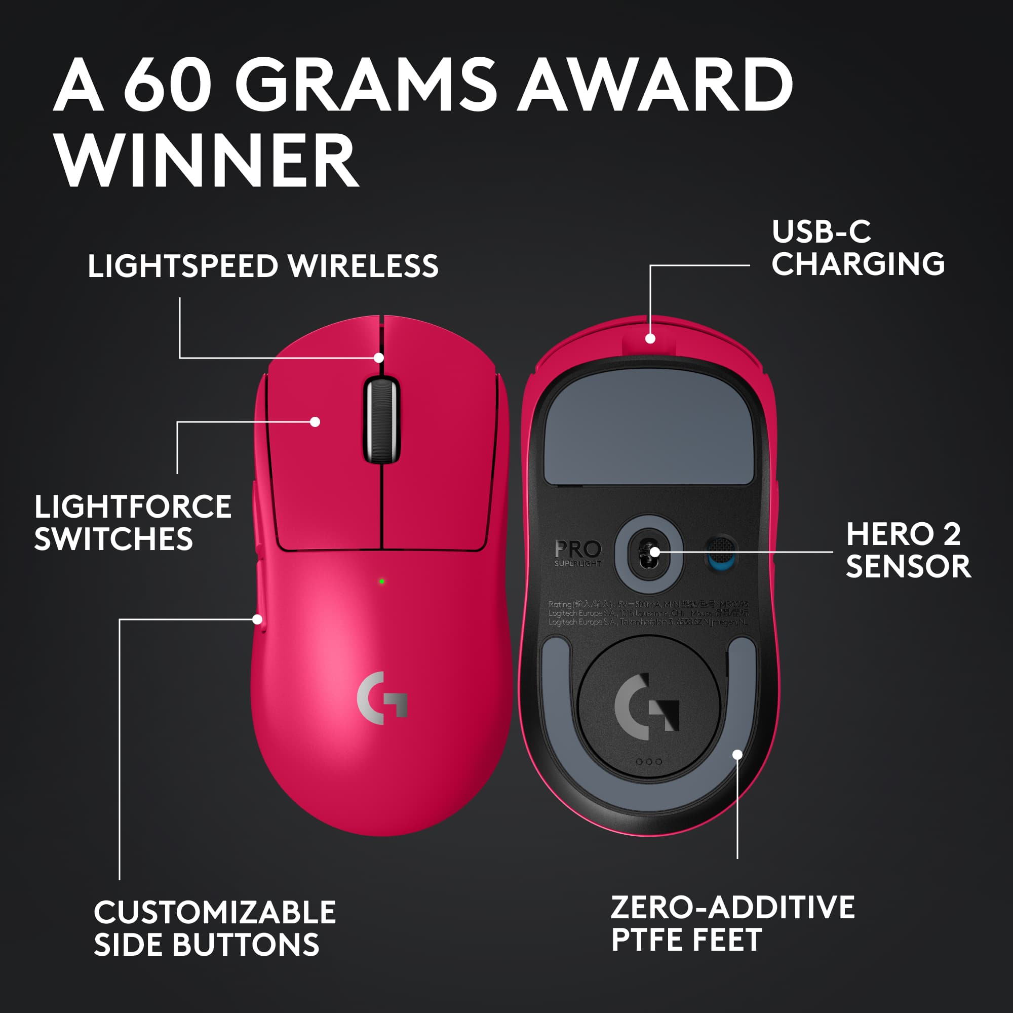A 60 GRAMS AWARD WINNER
USB-C CHARGING
LIGHTSPEED WIRELESS
LIGHTFORCE SWITCHES
HERO 2 SENSOR
CUSTOMIZABLE SIDE BUTTONS
ZERO-ADDITIVE PTFE FEET