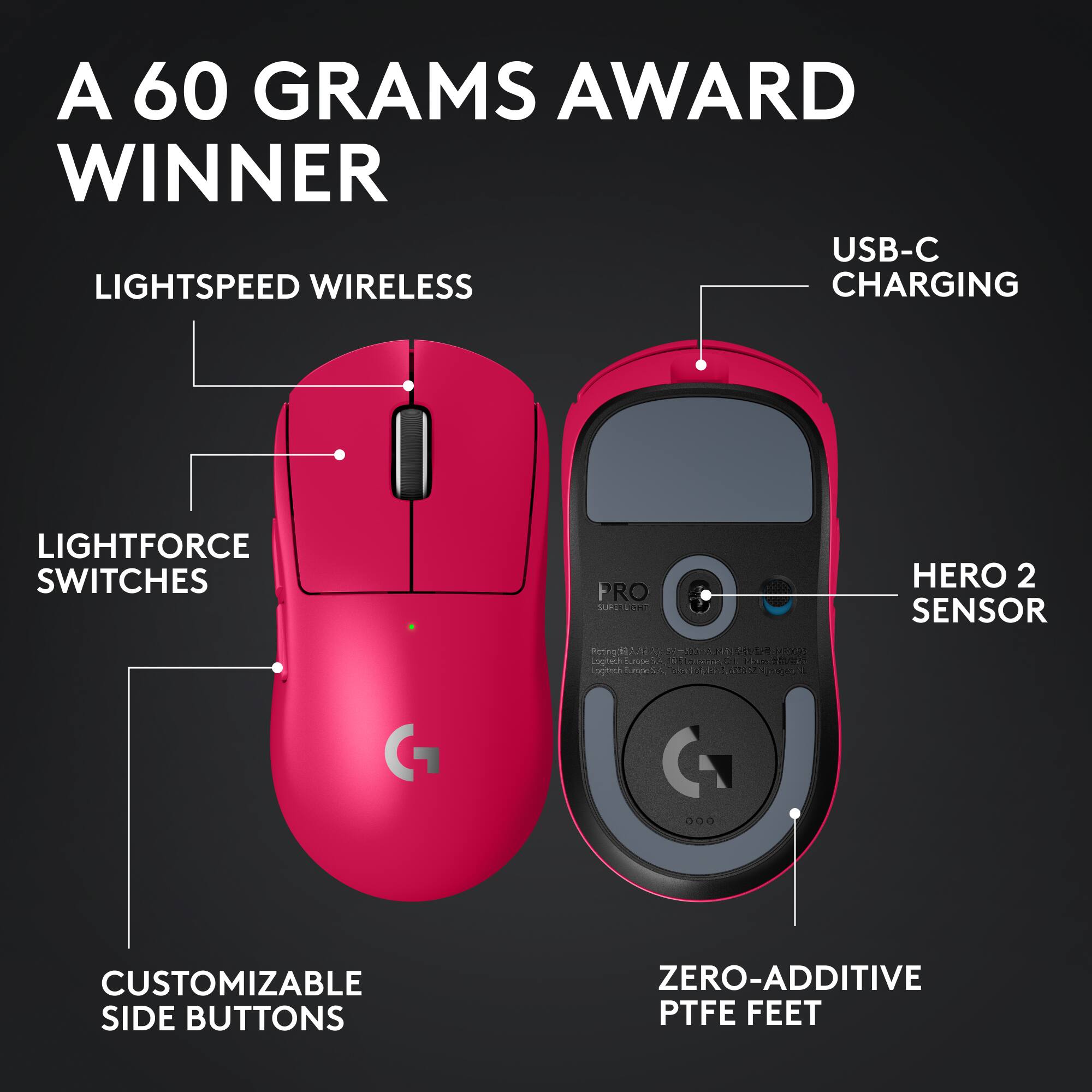 A 60 GRAMS AWARD WINNER
USB-C CHARGING
LIGHTSPEED WIRELESS
LIGHTFORCE SWITCHES
HERO 2 SENSOR
CUSTOMIZABLE SIDE BUTTONS
ZERO-ADDITIVE PTFE FEET