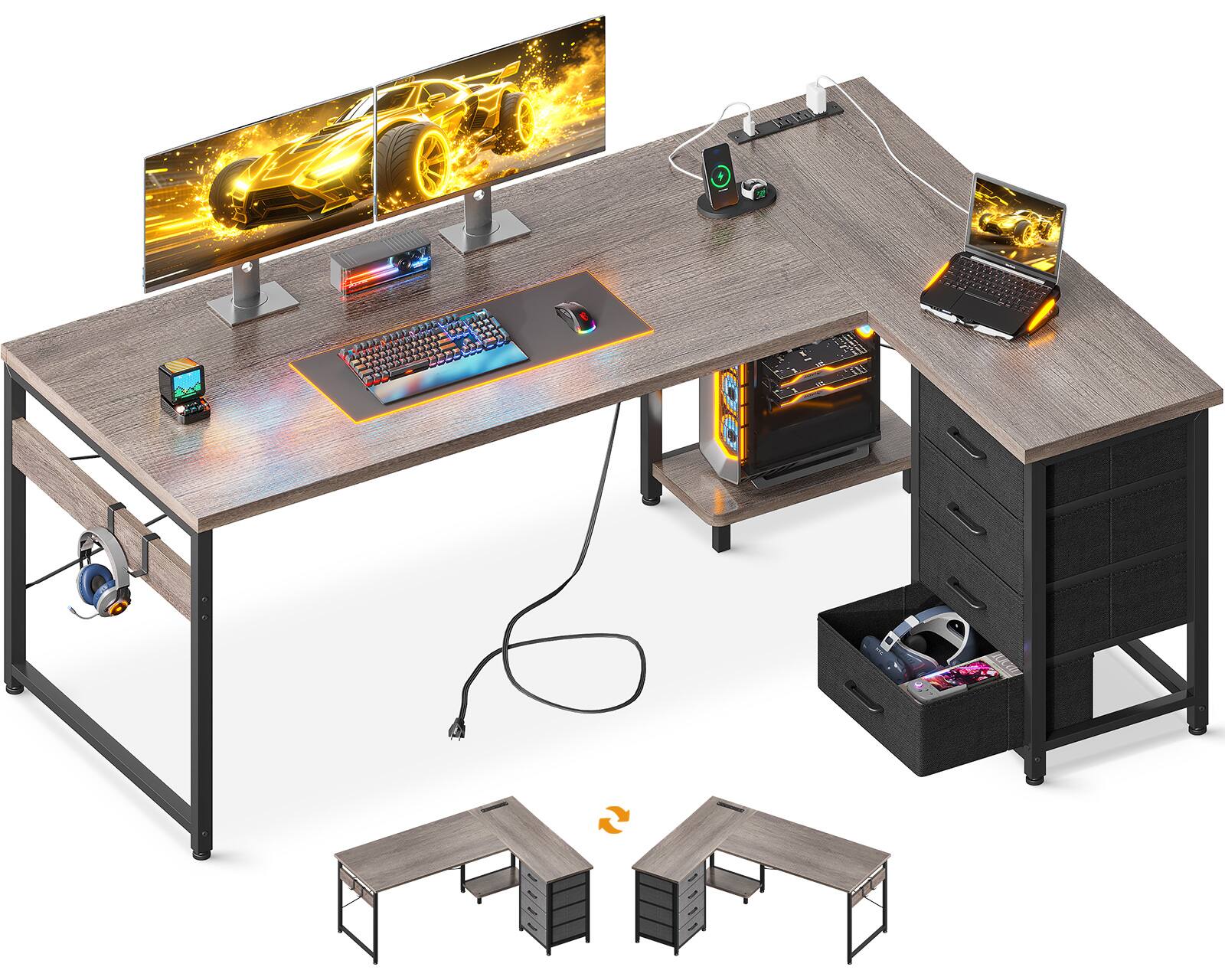 Front. AODK - Reversible L-Shaped Desk with 4-Tier Drawers, Power Outlets, USB Charging Port and Host Stand - Grey Oak.