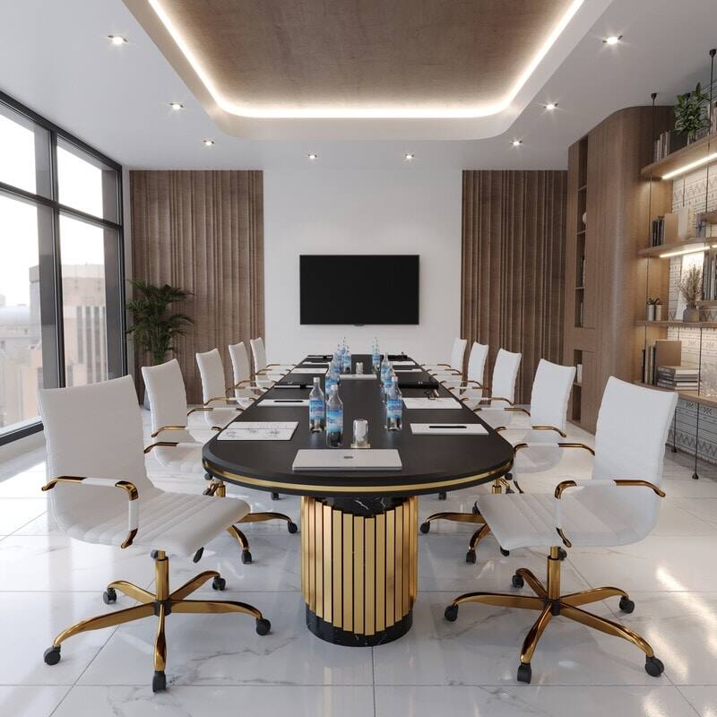 Left. LeisureMod - Harris Mid-Back Office Chair, Leather Upholstery with Gold Metal Frame Modern Armless Desk Chair for Conference Seating - White.