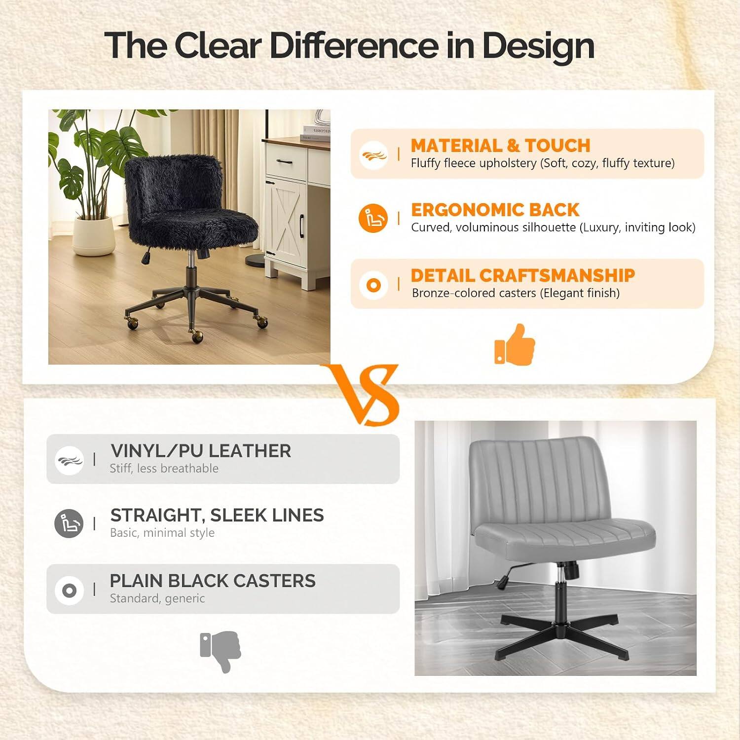 The Clear Difference in Design

MATERIAL & TOUCH
Fluffy fleece upholstery (Soft, cozy, fluffy texture)

ERGONOMIC BACK
Curved, voluminous silhouette (Luxury, inviting look)

DETAIL CRAFTSMANSHIP
Bronze-colored casters (Elegant finish)

VS

VINYL/PU LEATHER
Stiff, less breathable

STRAIGHT, SLEEK LINES
Basic, minimal style

PLAIN BLACK CASTERS
Standard, generic