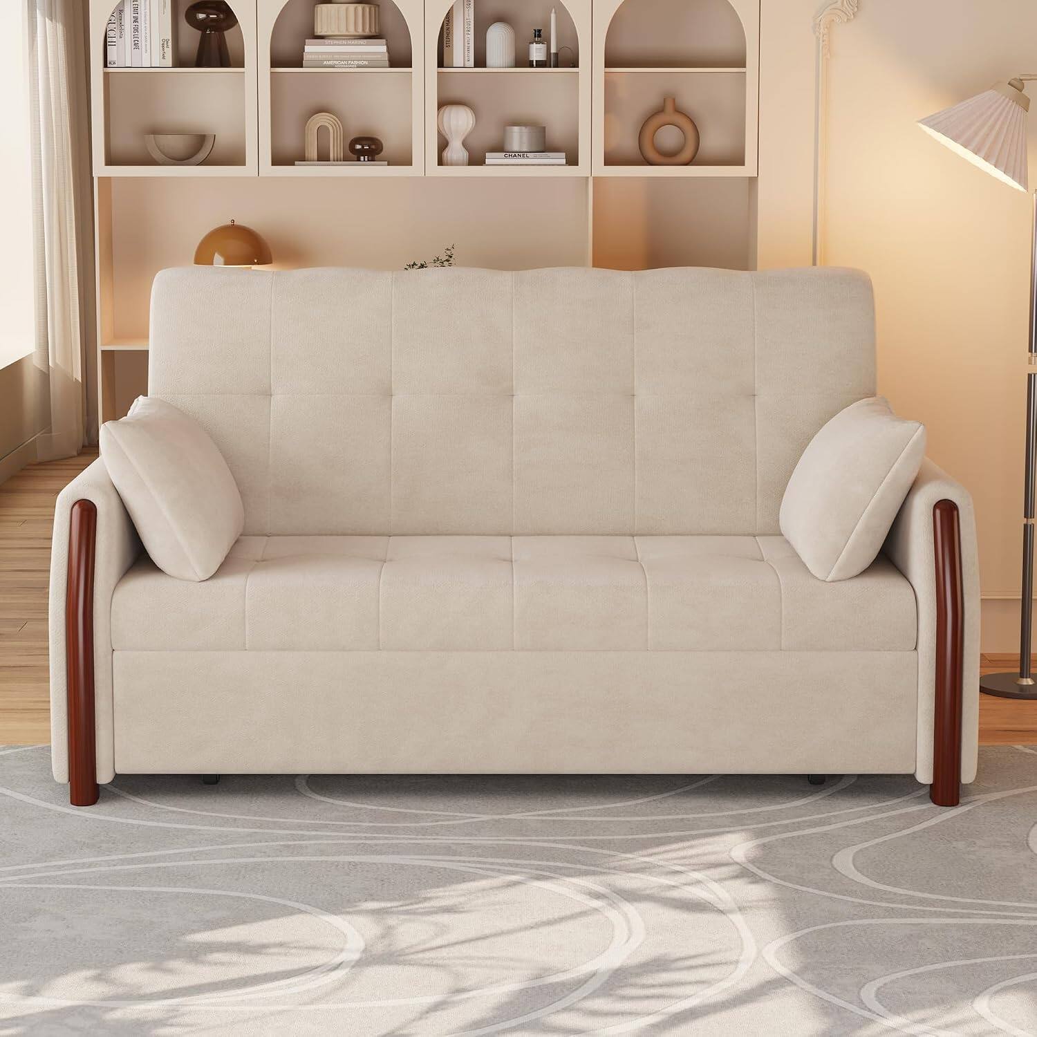 Alt View 1. luck idea - Pull‑Out Sleeper Sofa, 63‑inch Beige Convertible Sofa Bed with Storage, Side Pockets & 2 Throw Pillows - white.