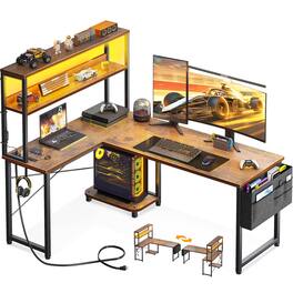 AODK - Reversible L-Shaped Gaming Desk with LED Light, Power Outlet, Shelf, Storage Bag and Hook - Brown