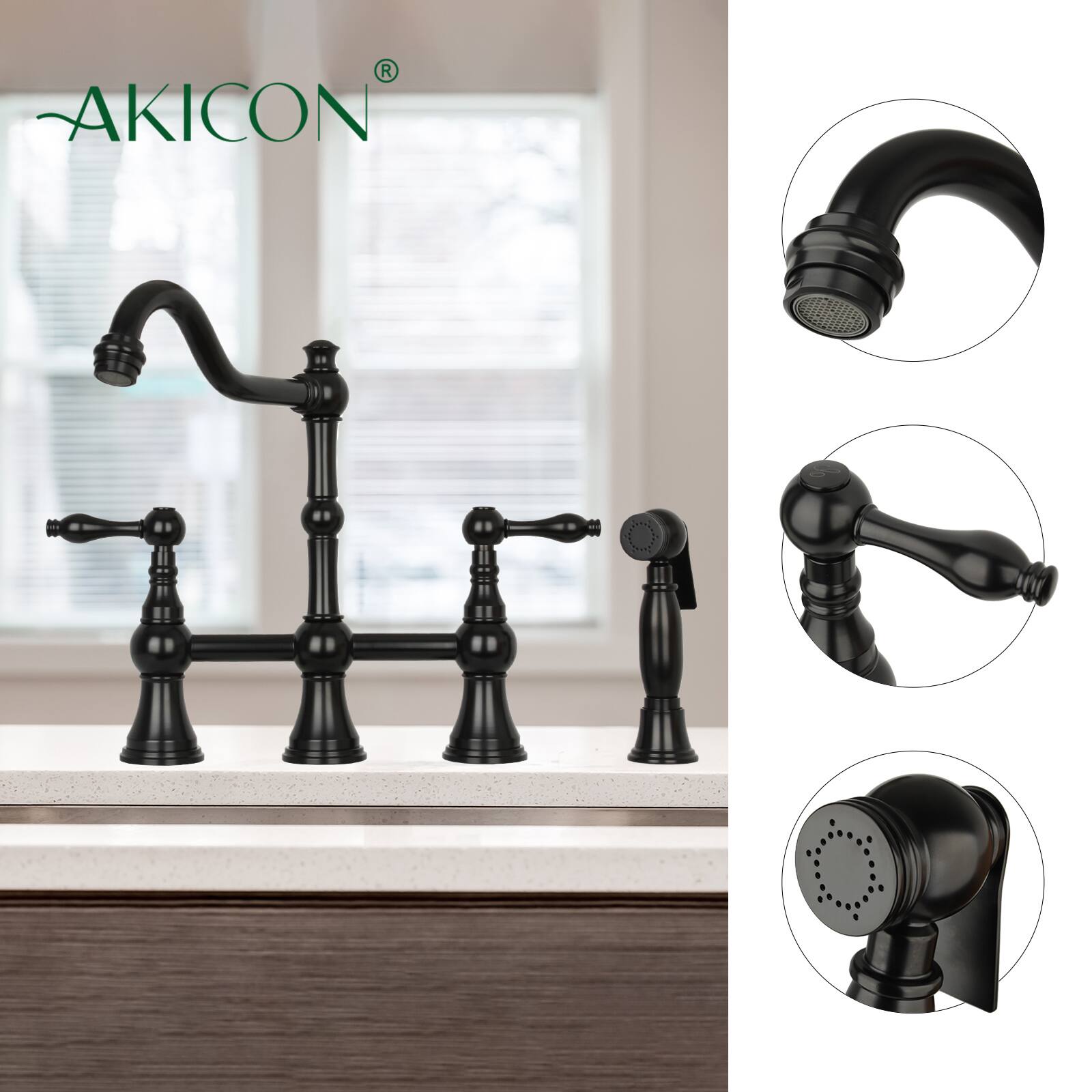 Alt View 2. Akicon - Akicon Solid Brass Bridge Kitchen Faucets with Side Sprayer 2 Lever Handles in Matte Black - Matte Black.