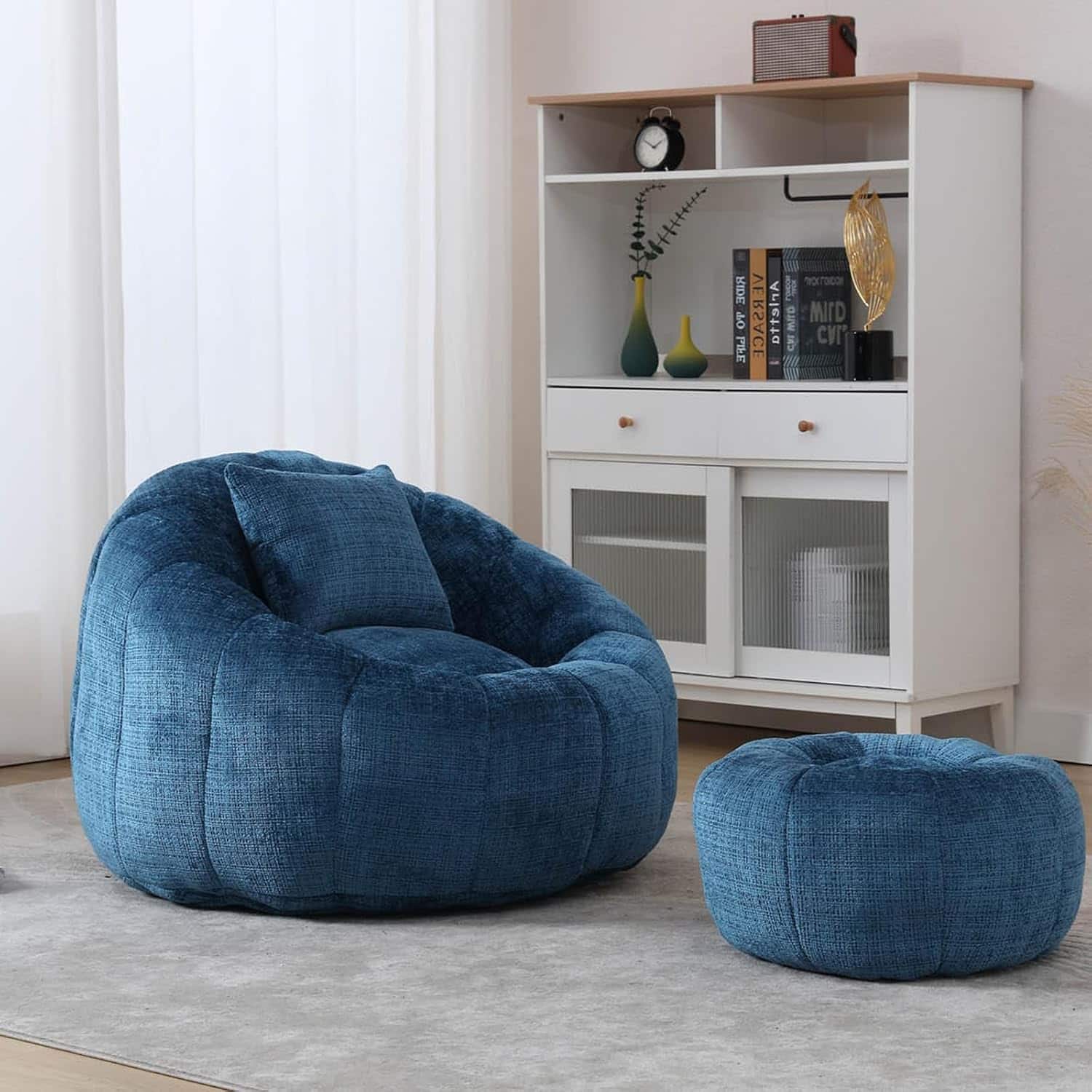 Trinkets Crazed - Pumpkin Bean Bag Chair - Comfy Accent Reading Chair with Ottoman & Pillow, Round Chair for Adults - Blue