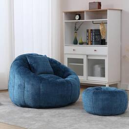 Trinkets Crazed - Pumpkin Bean Bag Chair - Comfy Accent Reading Chair with Ottoman & Pillow, Round Chair for Adults - Blue