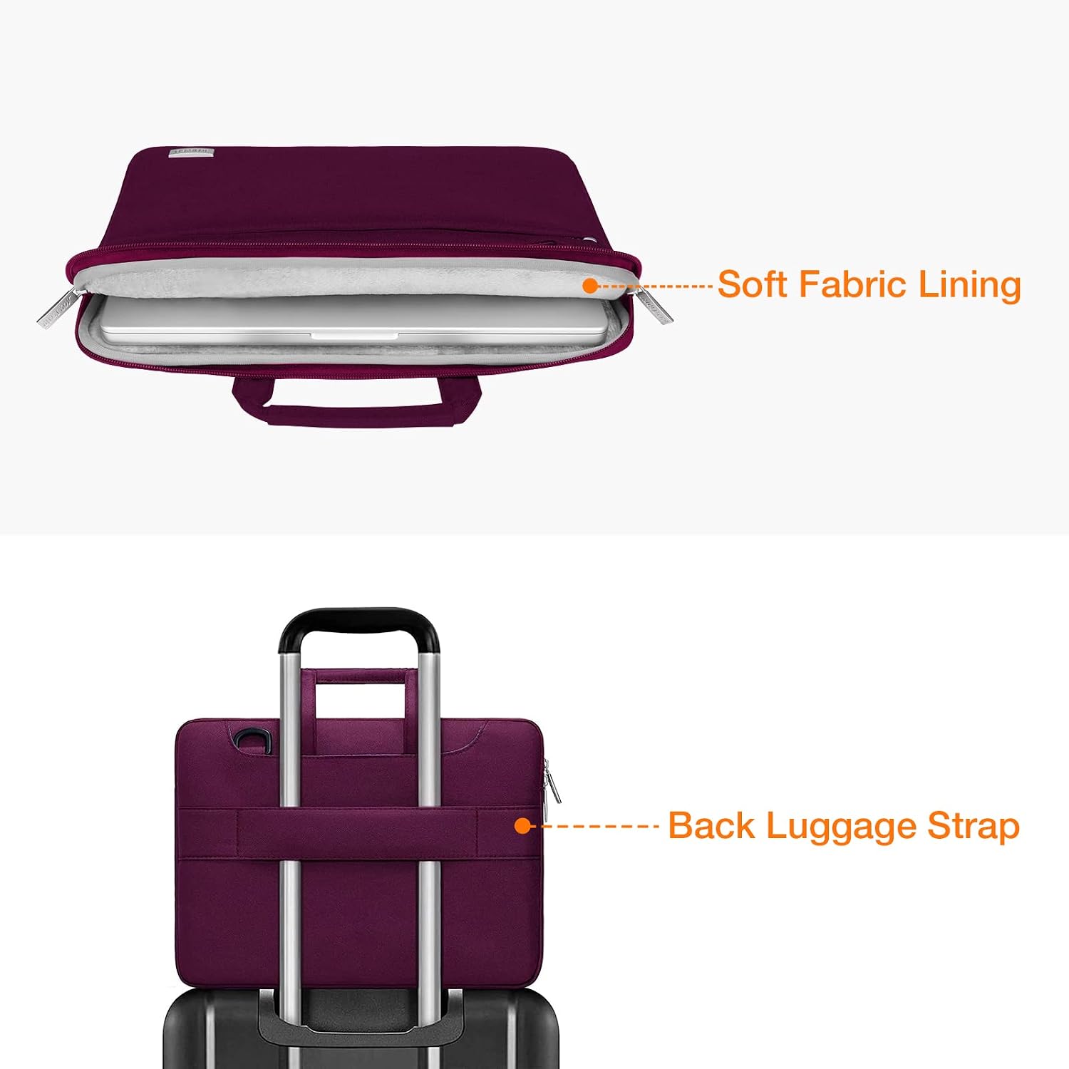 Soft Fabric Lining  
Back Luggage Strap