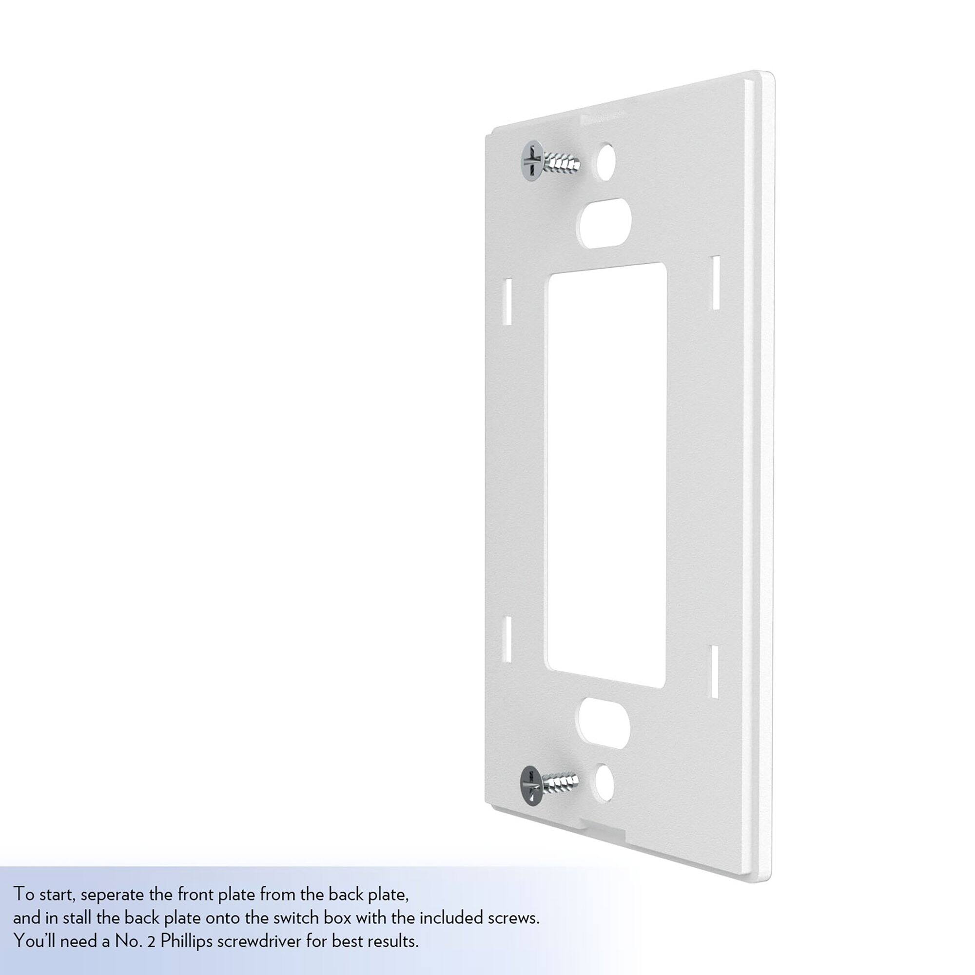 To start, separate the front plate from the back plate, and install the back plate onto the switch box with the included screws. You'll need a No. 2 Phillips screwdriver for best results.