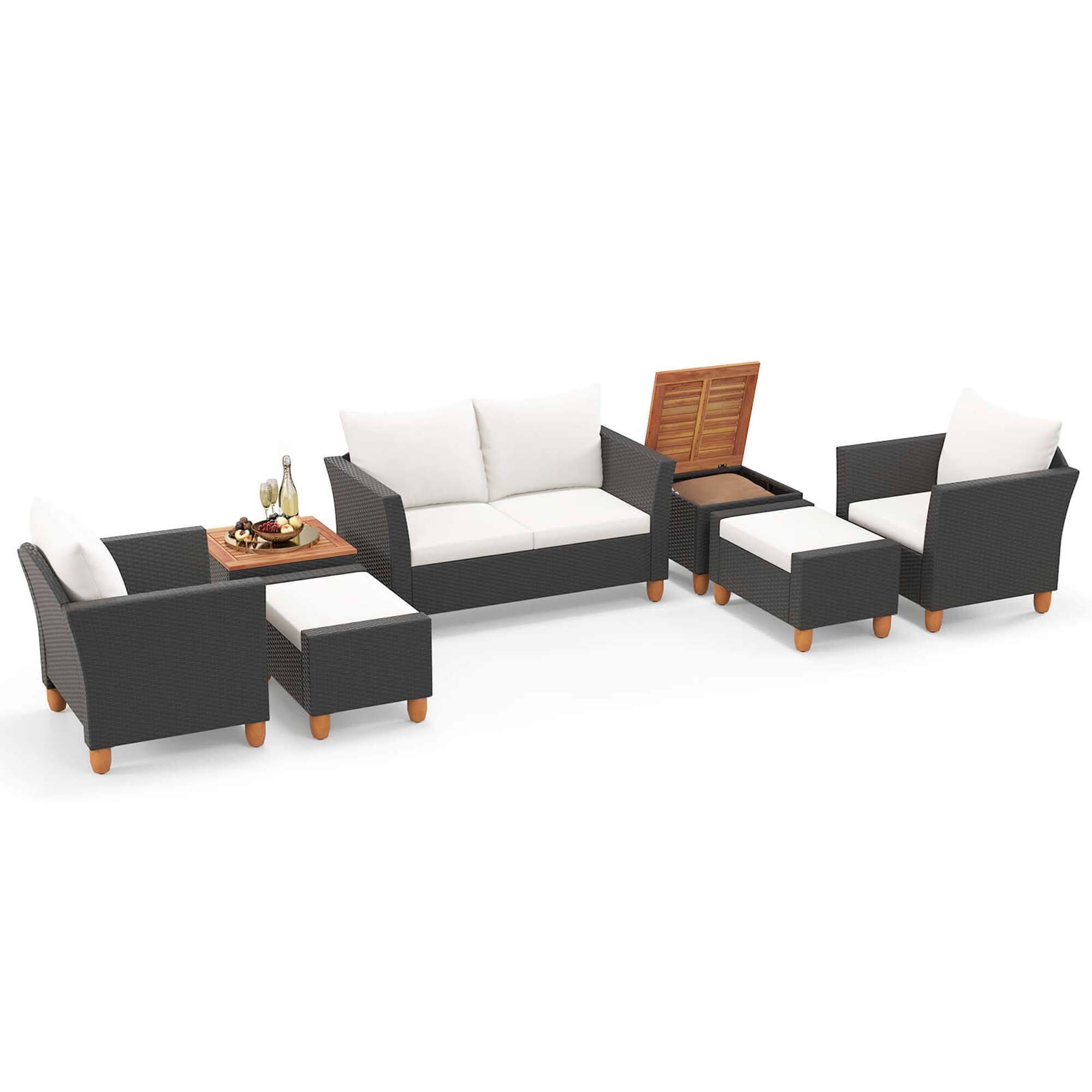 Alt View 8. Costway - 7 PCS Patio Furniture Set with Loveseat Armchairs Ottomans & Storage Table - Black,White.