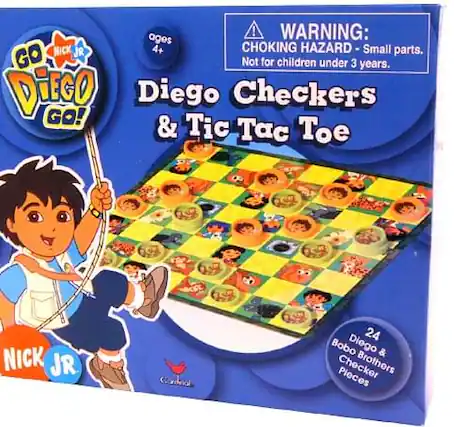 Ages 4+
WARNING: CHOKING HAZARD - Small parts. Not for children under 3 years.
GO Diego Go!
Diego Checkers & Tic Tac Toe
NICK JR
24 Bobo Diego & Checker Brothers Pieces