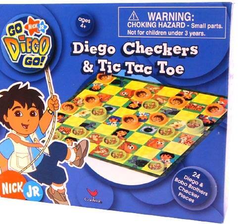 Ages 4+  
WARNING: CHOKING HAZARD - Small parts. Not for children under 3 years.  
GO Diego Go!  
Diego Checkers & Tic Tac Toe  
NICK JR  
24 Bobo Diego & Checker Brothers Pieces
