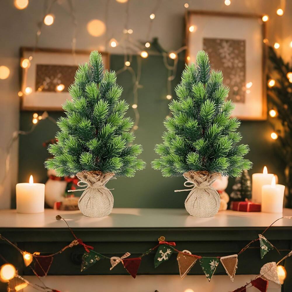 Alt View 1. RTMB - 2-Pack 16.5" Mini Artificial Christmas Trees with Burlap Base, Green Pine - Green.