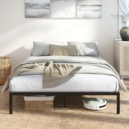 Front. LUCKY ONE - Queen Assembled Metal Bed Frame Heavy Duty Slats Mattress Foundation 10.5" Storage - Black-Queen.