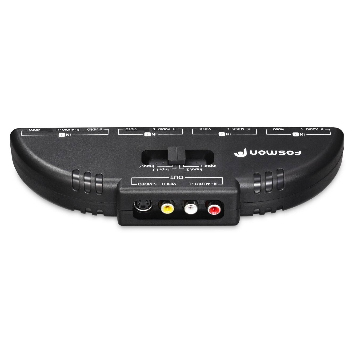 Here is the corrected and grouped text from the image:

---

**Front Panel:**

- **Input 1:** VIDEO IN - AUDIO IN
- **Input 2:** VIDEO IN - AUDIO IN
- **Input 3:** VIDEO IN - AUDIO IN
- **Input 4:** VIDEO IN - AUDIO IN
- **Input 5:** VIDEO IN - AUDIO IN
- **Input 6:** VIDEO IN - AUDIO IN
- **Input 7:** VIDEO IN - AUDIO IN
- **Input 8:** VIDEO IN - AUDIO IN

**Rear Panel:**

- **Input 1:** VIDEO IN - AUDIO IN
- **Input 2:** VIDEO IN - AUDIO IN

**Output:**

- **VIDEO OUT**
- **AUDIO OUT**

**Power:**

- **Power Switch**

**Brand:**

- **Fosmon**

---