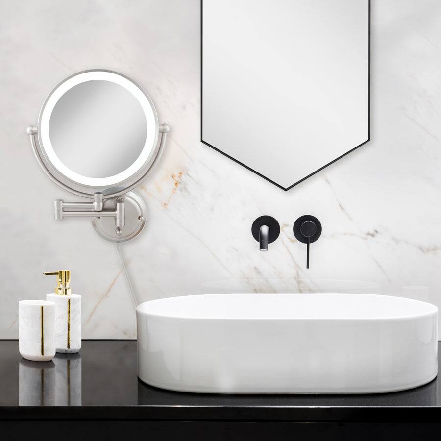 Alt View 2. Zadro - Fluorescent Lighted Wall Mounted Glamour Makeup Mirror with 5X/1X Magnifications and Extendable Arm - Hardwired - Satin Nickel.