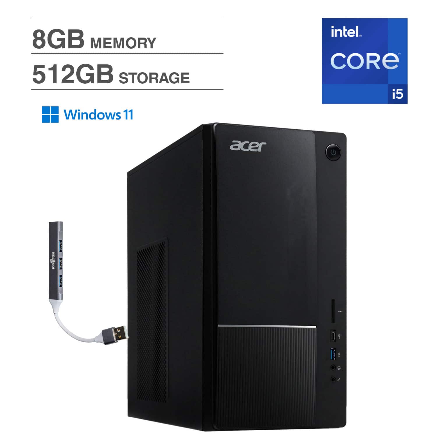 Acer - Aspire Desktop (i5-14400, 8GB, 512GB SSD, Intel UHD 730, WiFi 6E, Bluetooth 5.3, Win 11 Home) w/USB Hub - Black