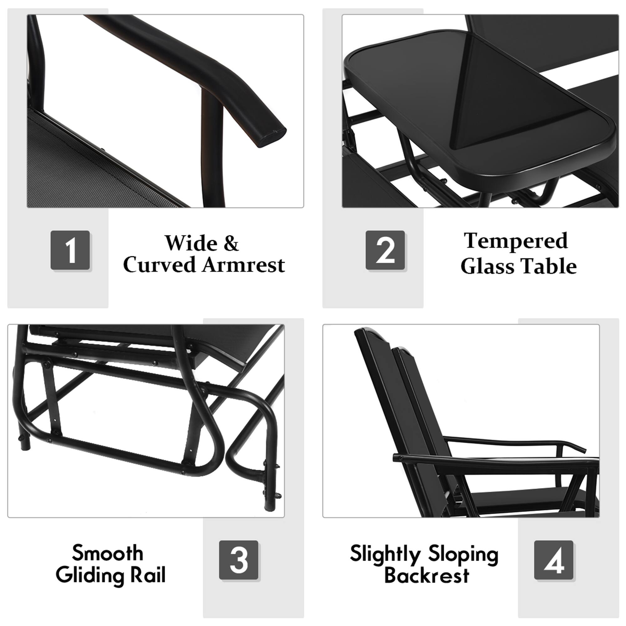 1. Wide & Curved Armrest  
2. Tempered Glass Table  
3. Smooth Gliding Rail  
4. Slightly Sloping Backrest