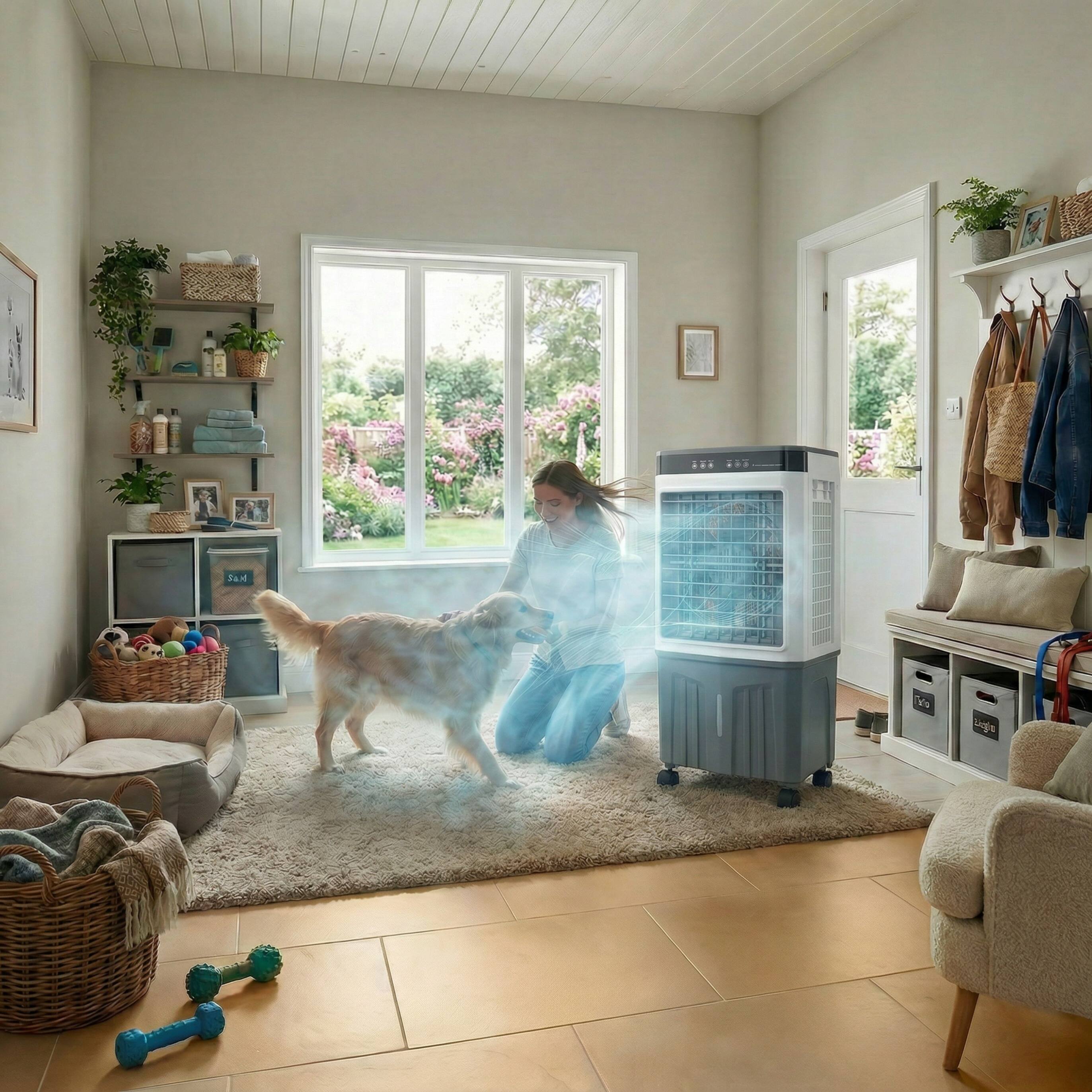 Left. FUFU & GAGA - 9.5 Gal Evaporative Air Cooler with Remote – Indoor Outdoor Portable Cooling Fan with 4 Ice Packs, 3 Speeds - White & Gray.