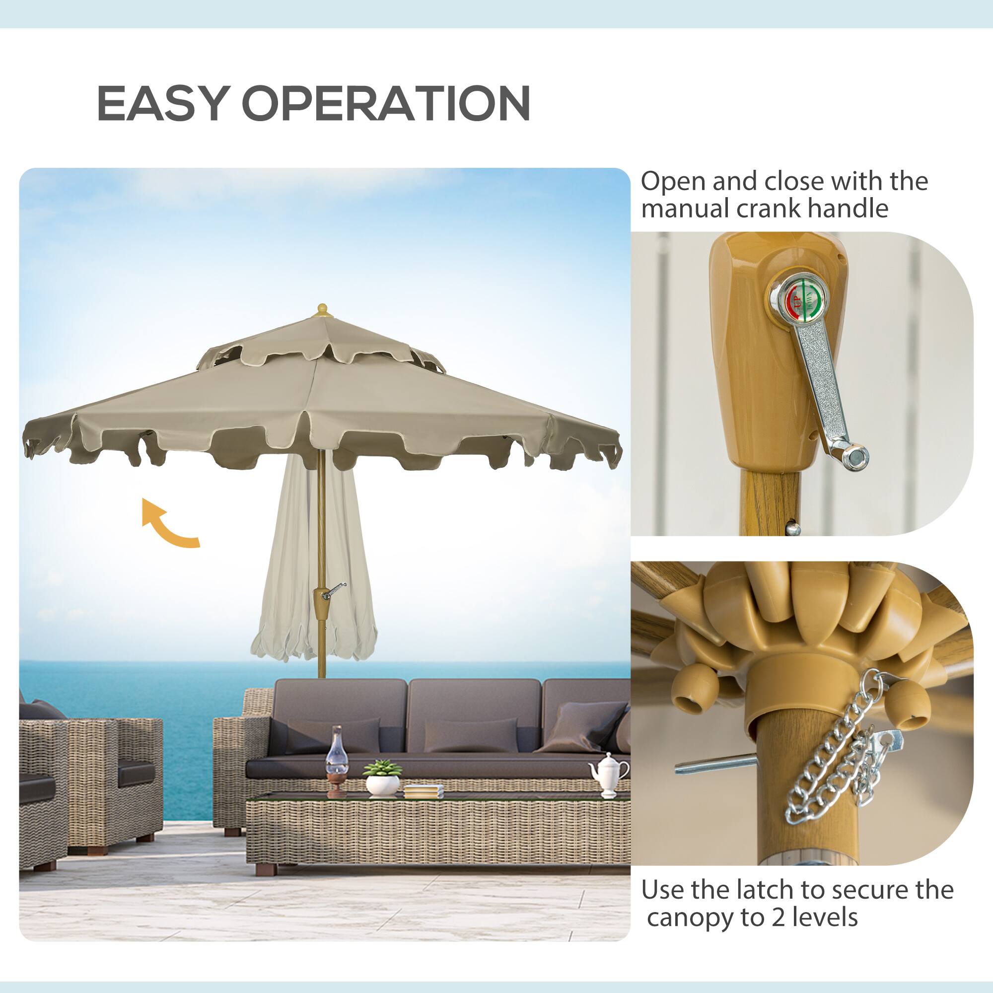 EASY OPERATION

Open and close with the manual crank handle

Use the latch to secure the canopy to 2 levels