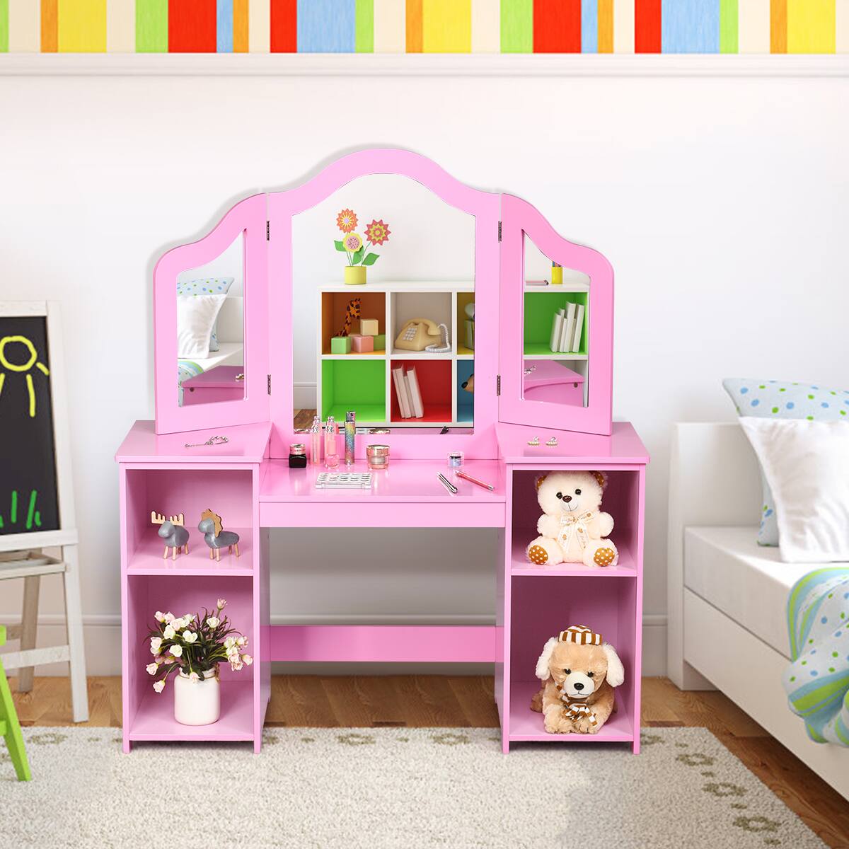 Alt View 2. Costway - Costway Vanity Table Set Makeup Dressing Kids Girls Study Table Tri Folding Mirror - Pink.