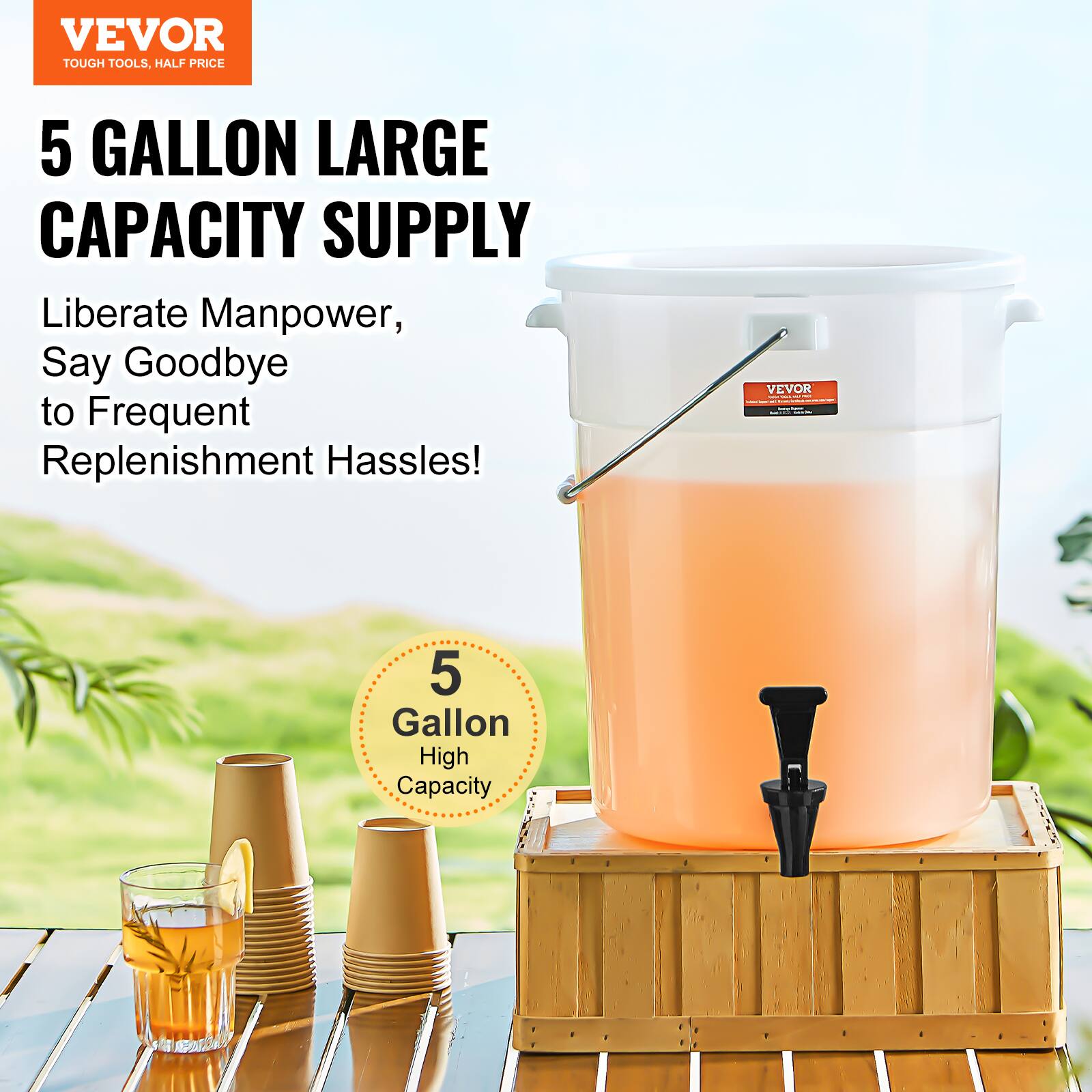 VEVOR  
TOUGH TOOLS, HALF PRICE  

5 GALLON LARGE CAPACITY SUPPLY  

Liberate Manpower, Say Goodbye to Frequent Replenishment Hassles!  

5 Gallon High Capacity