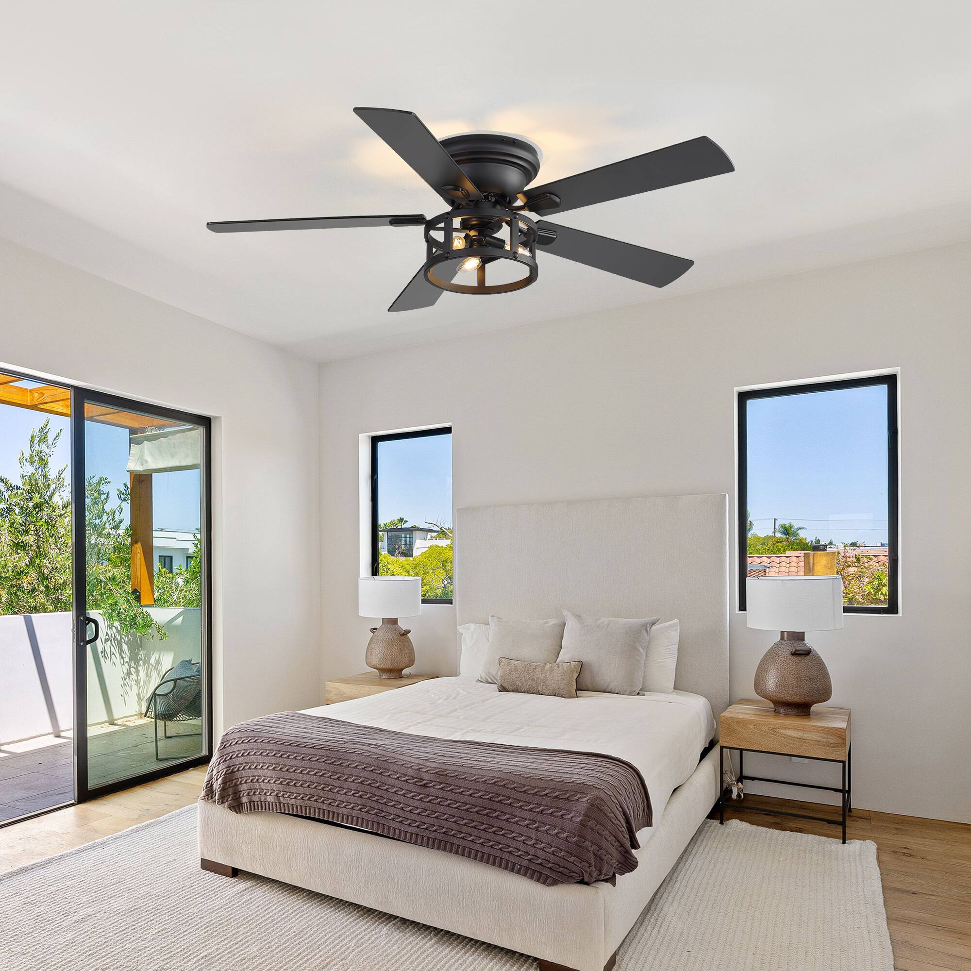 Angle. Breezary - 52-Inch Surface Mounted Ceiling Fan with Open Frame Light, E12 Bulbs, DC Motor, Remote, 6 Speeds, Timer - Black & Walnut.