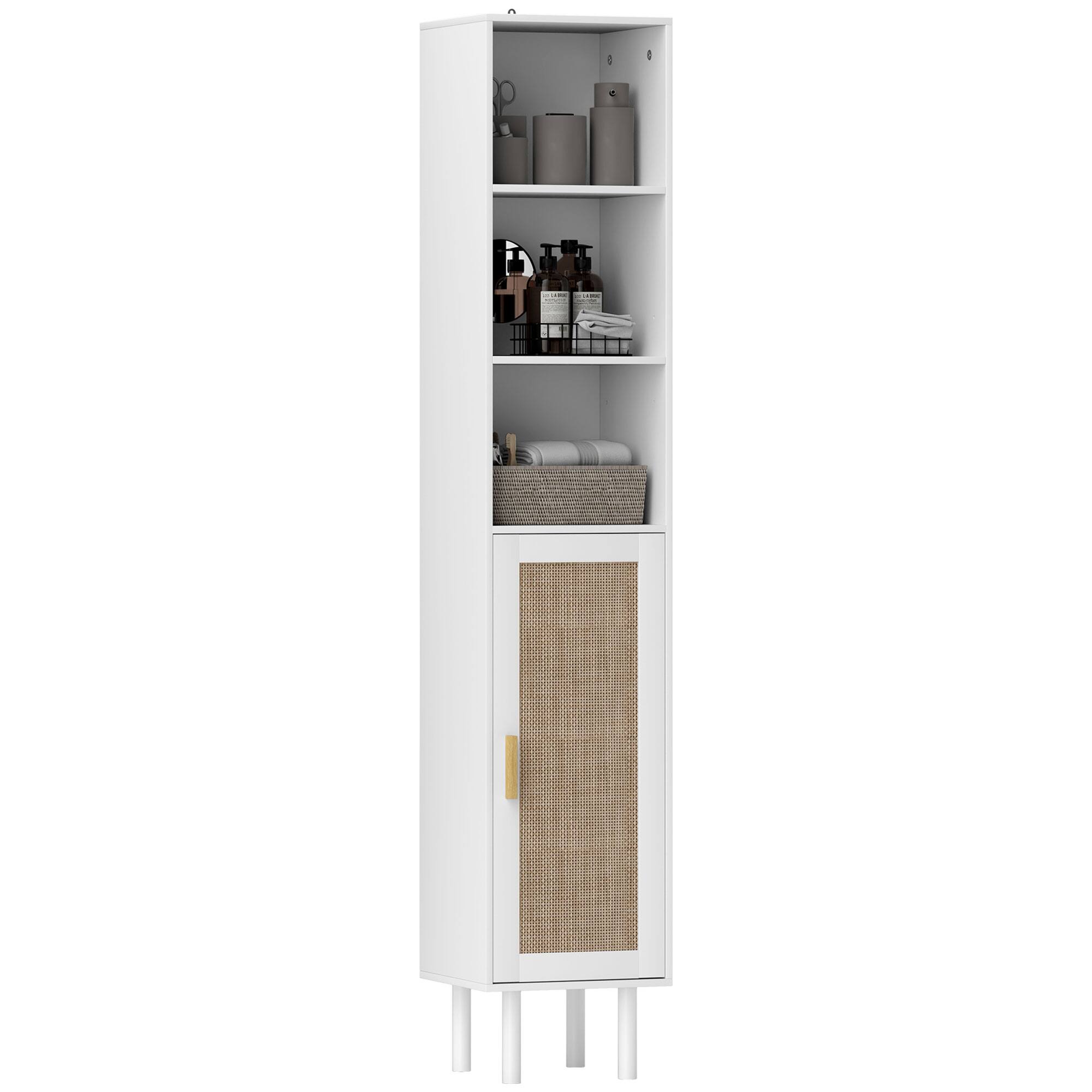 Front. Homcom - Narrow Bathroom Cabinet with Rattan Doors, Tall Storage with Open Shelves and Adjustable Shelves - White.