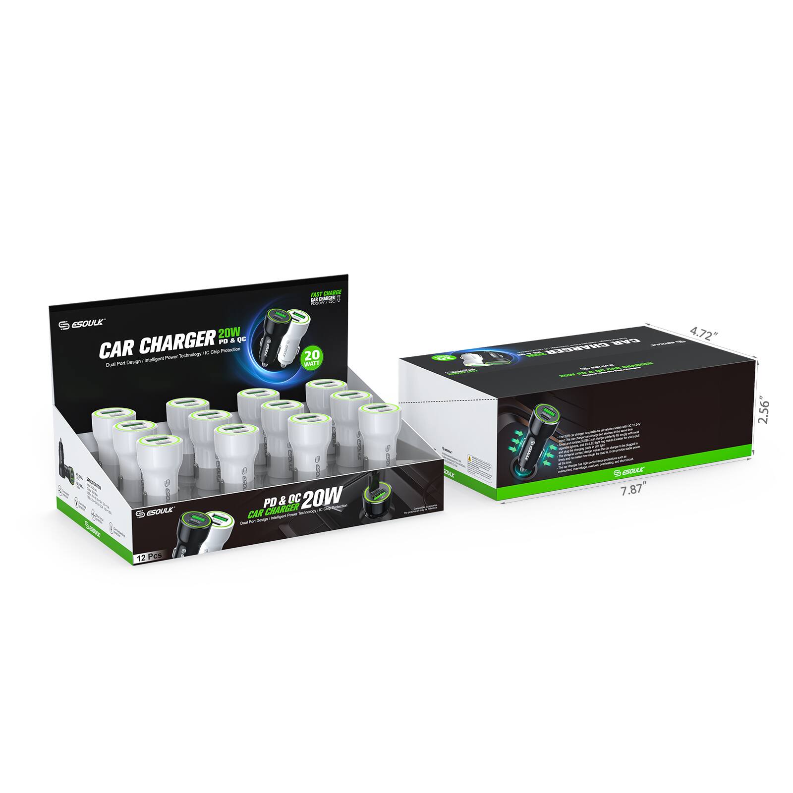 BST PAmE - - 3 - d ESOULE 20W CHARGER FB & 00 CAR -o ~ - - se - 20 - n Beegs IST OO i N i i PD & Dc 20W CHARGER - - BSOULE CAR - 1 - - - I - i - STUt  4.72" - E - : - - : : -. : I : : eSOoLE 7.87 7 2.56" 12 PC