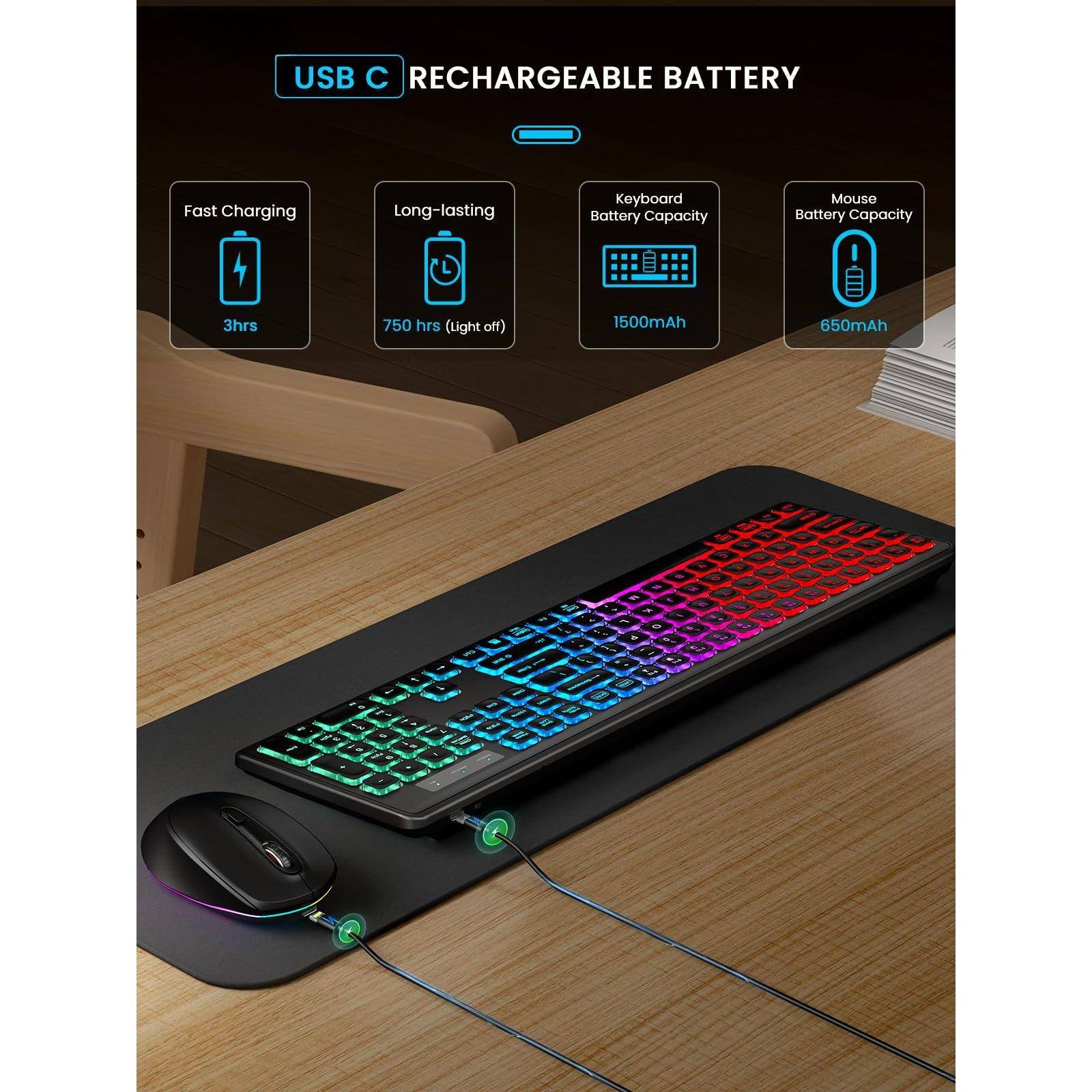 USB C RECHARGEABLE BATTERY

Fast Charging
3hrs

Long-lasting
750 hrs (Light off)

Keyboard Battery Capacity
1500mAh

Mouse Battery Capacity
650mAh