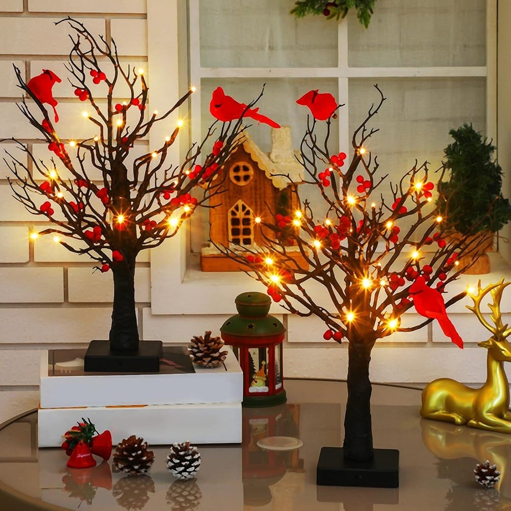 RTMB - 2-Piece Vintage Lighted Mini Birch Trees with Cardinals, Battery Operated - COLOR: Multicolor Style: Cardinal