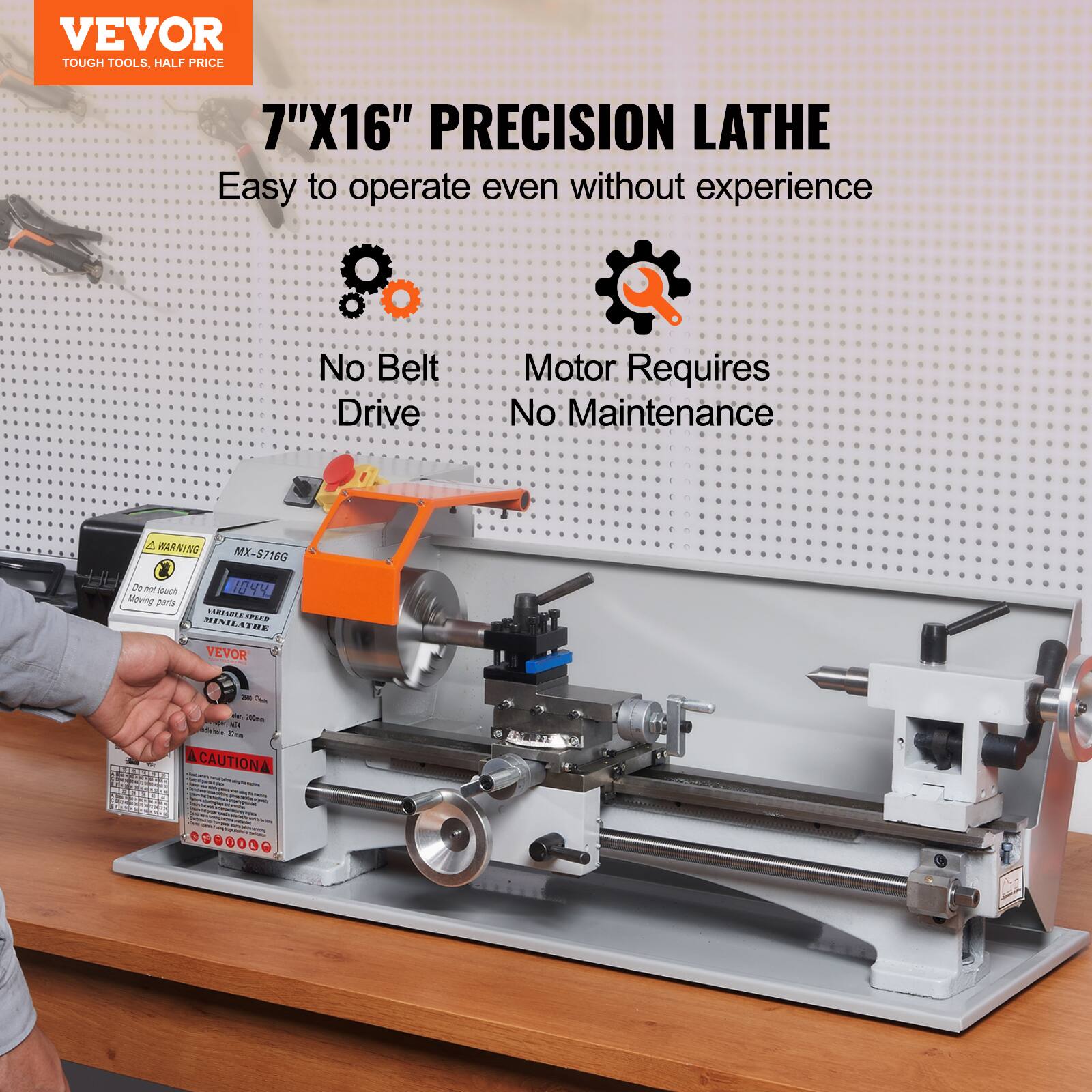 VEVOR TOUGH TOOLS, HALF PRICE  
7"X16" PRECISION LATHE  
Easy to operate even without experience  
No Belt Drive  
Motor Requires No Maintenance  

WARNING MX-5716G  
1044 Moving parts  

1AIID1A 1P208 MINILATHE  

VEVOR  
- i - - I E aa dehae -sa  
CAUTION