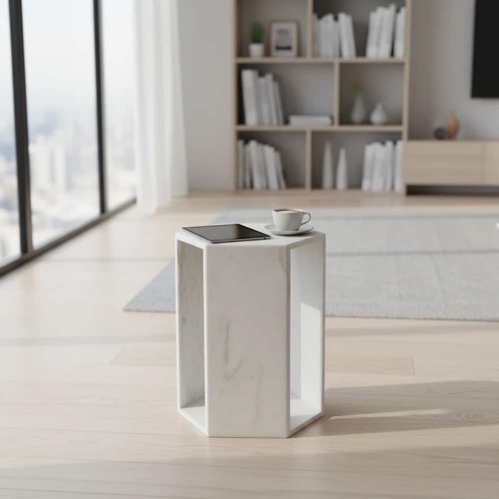 Loheer - Marble Side Table Hexagon Accent Table Stone Pedestal Table Matte Minimalist Drink Table for Living Room - White price history on PriceWatchPro