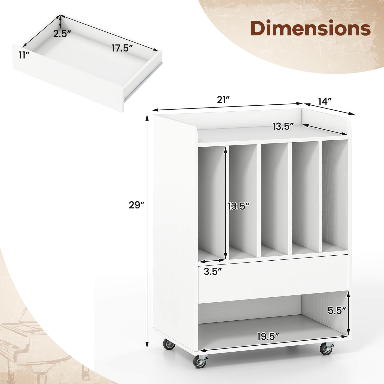 11" x 2.5" x 17.5"  
Dimensions: 21" x 14" x 13.5"  
29" x 13.5" x 3.5"  
5.5" x 19.5"