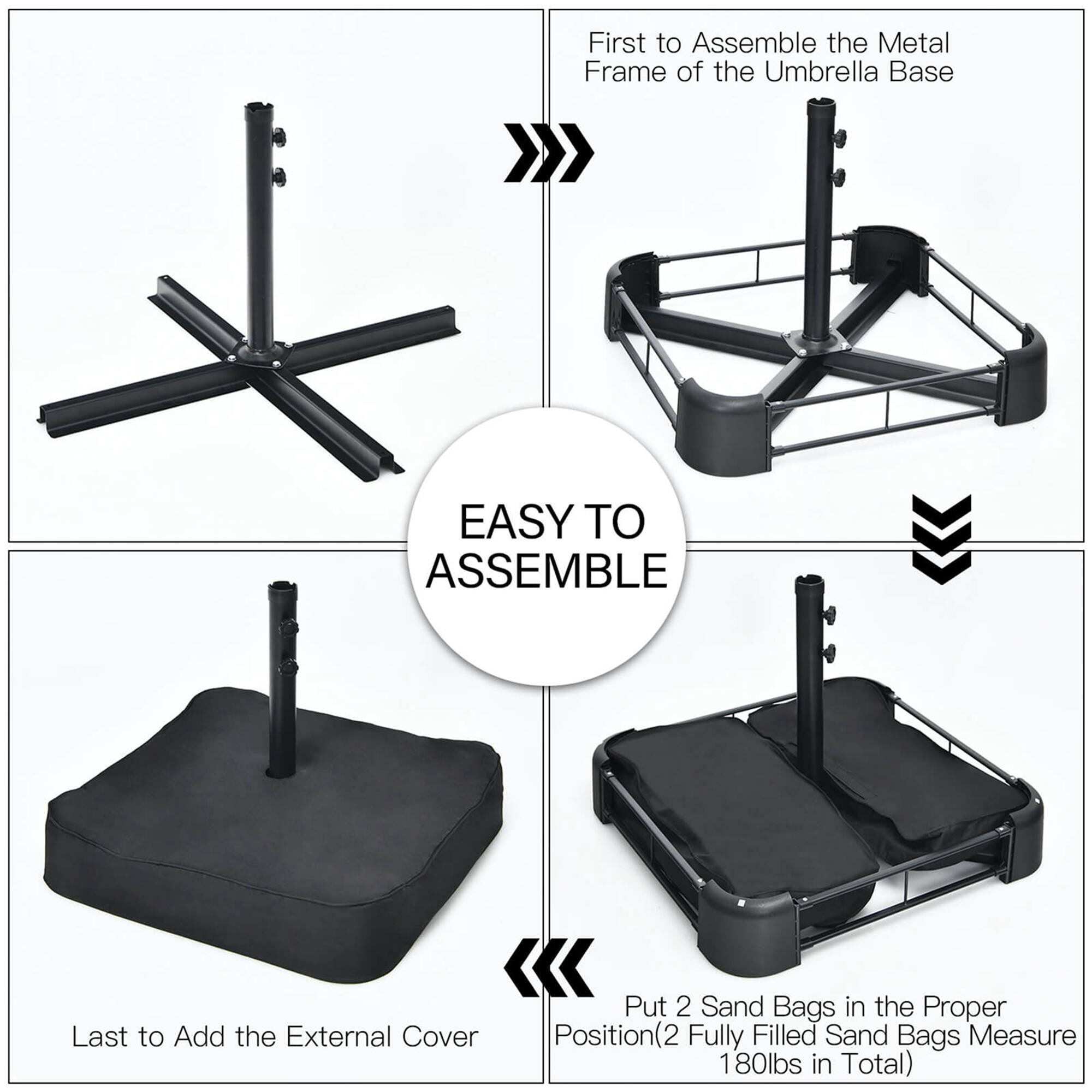 The text on the image is grouped as follows:

1. First to Assemble the Metal Frame of the Umbrella Base: Easy to Assemble
2. Put 2 Sand Bags in the Proper Position: Last to Add the External Cover
3. Fully Filled Sand Bags Measure 180lbs in Total: Position(2 Fully Filled Sand Bags Measure 180lbs in Total)