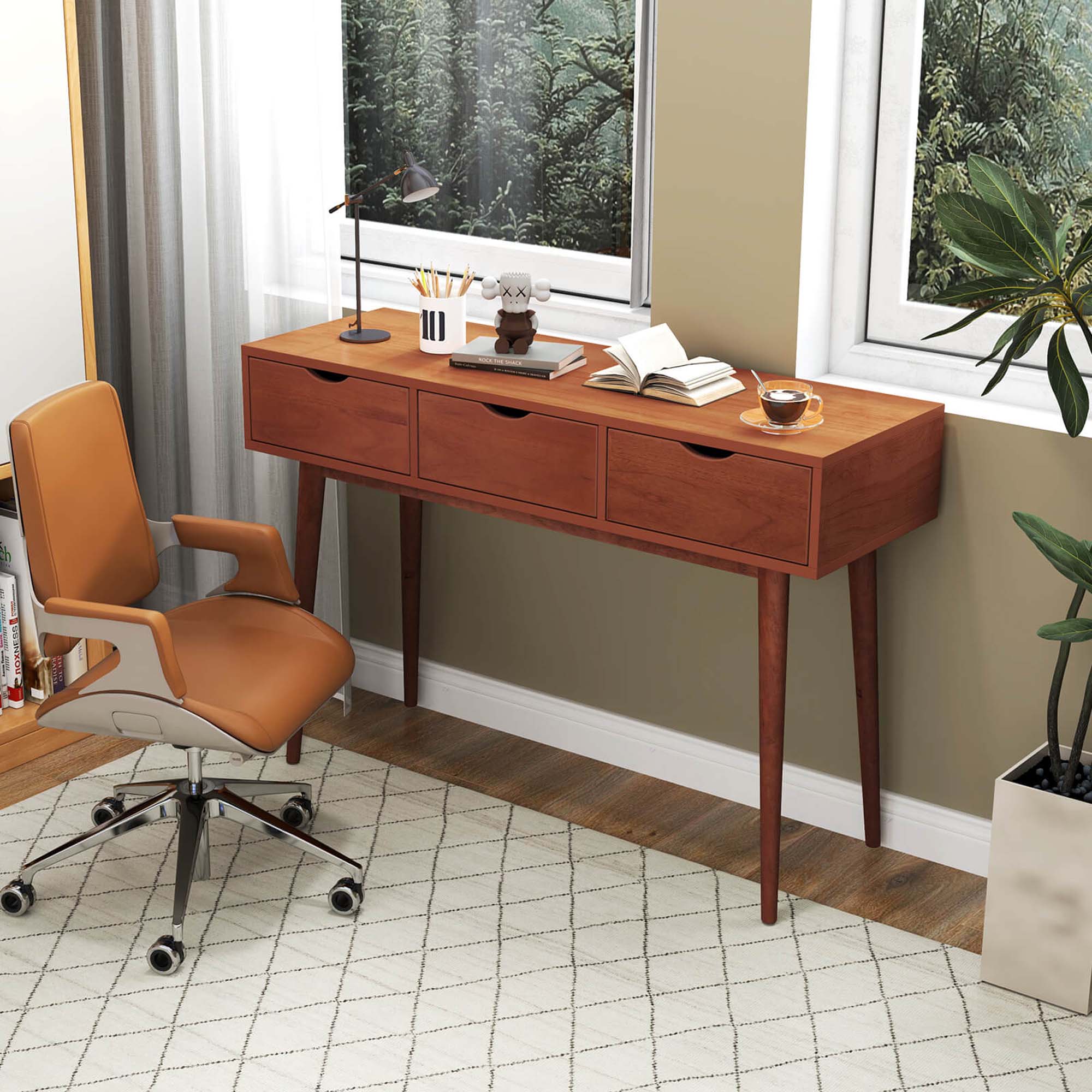 Alt View 3. Costway - Costway Writing Desk 48" Computer Desk Mid Century Modern Work Table with 3 Drawers - Walnut.